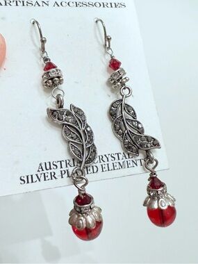 Handmade  Red Crystal and Genuine Hematite Leaf Drop Earrings